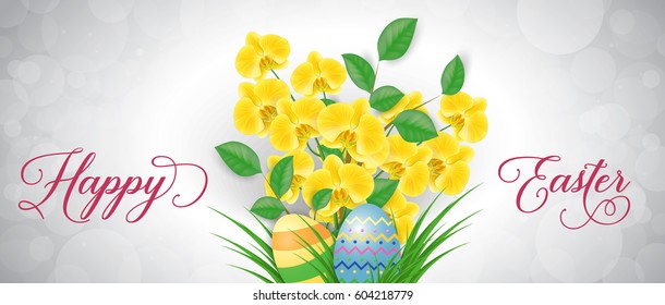 Happy Easter lettering with yellow orchids