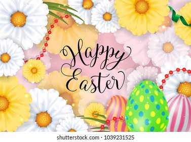 Happy Easter lettering with yellow and white flowers and colored eggs on pink background. Calligraphic inscription can be used for greeting cards, festive design, postcards, posters.