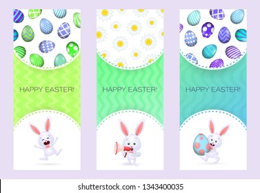 Happy Easter letterings set, bunnies, megaphone and eggs. Easter greeting cards set. Typed text, calligraphy. For leaflets, brochures, invitations, posters or banners.
