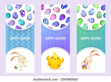 Happy Easter letterings set with bunnies, chick and eggs. Easter greeting cards set. Typed text, calligraphy. For leaflets, brochures, invitations, posters or banners.