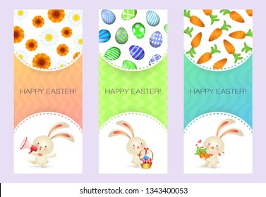 Happy Easter letterings set with cute rabbits, eggs and carrots. Easter greeting cards set. Typed text, calligraphy. For leaflets, brochures, invitations, posters or banners.