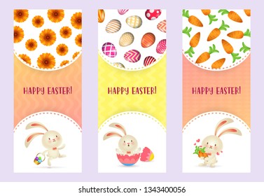 Happy Easter letterings set with cute bunnies, carrots and eggs. Easter greeting cards set. Typed text, calligraphy. For leaflets, brochures, invitations, posters or banners.