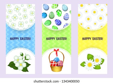 Happy Easter letterings set with flowers and eggs in basket. Easter greeting cards set. Typed text, calligraphy. For leaflets, brochures, invitations, posters or banners.