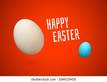Happy Easter letters. White and blue egg with realistic shadow on red gradient background. Vector illustration. Simple holiday celebrating poster.