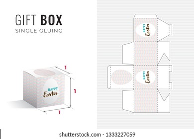 Happy Osterlicht Geschenkbox Die Cut Cube Template mit 3D-Vorschau - Schwarzes Blueprint Layout mit Schneide- und Scoring-Linien auf mehrfarbigen kalligrafischen Lettern auf Weiß - Vektorverpackungsdesign