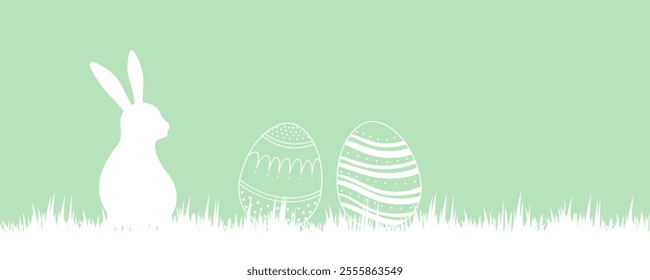 Happy Easter. Light green easter background card with eggs and rabbit. Vector illustration great for package banner