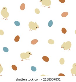 Happy easter light pastel seamless pattern with little chickens and eggs vector