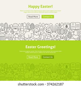 Happy Easter Line Art Web Banners Set. Vector Illustration for Website banner and landing page. Spring religious holiday Modern Design.