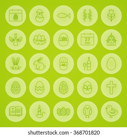 Happy Easter Line Circle Icons Set. Vector Set of Modern Spring Holiday Thin Outline Icons for Web and Mobile over Blurred Background.