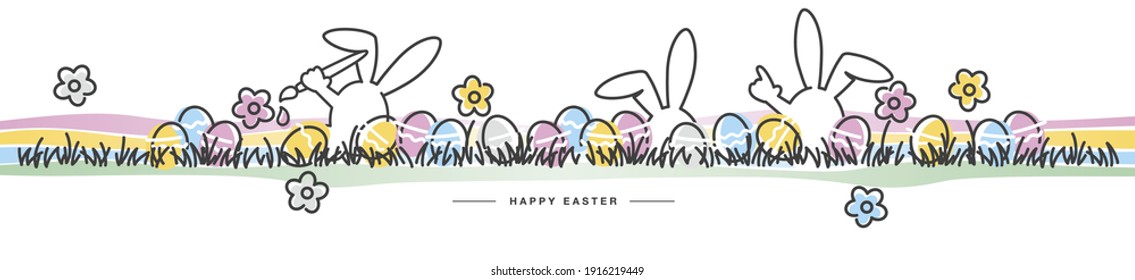 Feliz diseño de la línea de Pascua arte conejos y flores huevos coloridos en la hierba Huevos de Pascua caza primavera paleta de colores pastel 2021 tarjeta de saludo