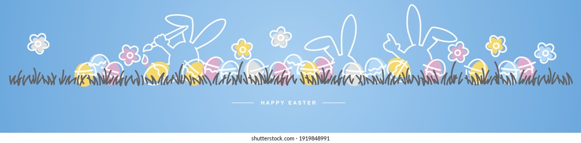 Happy Easter line design art rabbits and flowers colorful eggs in grass Easter egg hunt spring pastel color palette 2021 blue background greeting card