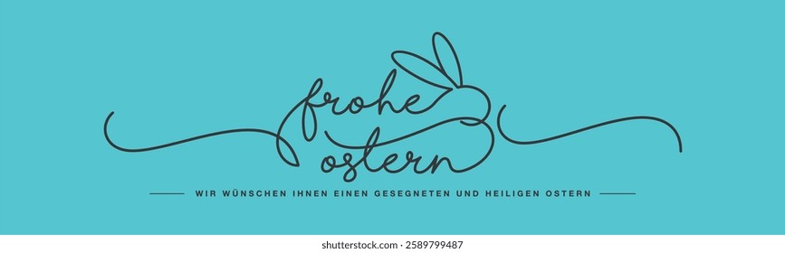 Happy Easter line design handwritten calligraphy typography lettering text on German language with bunny on sea green background greeting card