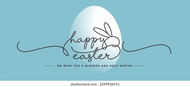 Happy Easter line design handwritten calligraphy typography lettering text with bunny over white egg on sea green background greeting card