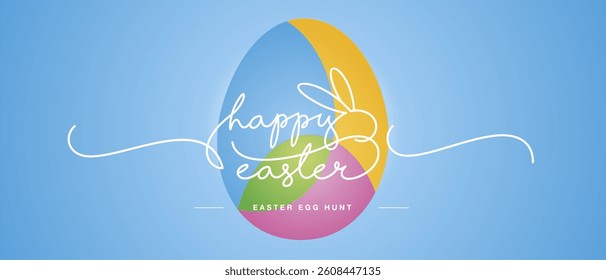 Happy Easter line design handwritten calligraphy typography lettering text with bunny over colorful egg on blue background greeting card
