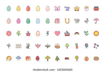 Happy easter line and fill style icon set design, Spring decoration holiday greeting ornament celebration festive season tradition and festival theme Vector illustration