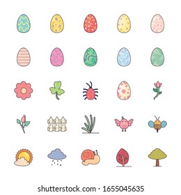 Happy easter line and fill style icon set design, Spring decoration holiday greeting ornament celebration festive season tradition and festival theme Vector illustration