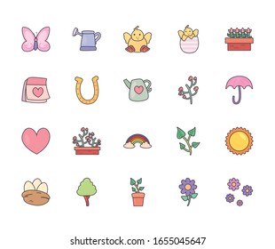 Happy easter line and fill style icon set design, Spring decoration holiday greeting ornament celebration festive season tradition and festival theme Vector illustration