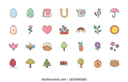 Happy easter line and fill style icon set design, Spring decoration holiday greeting ornament celebration festive season tradition and festival theme Vector illustration