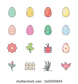 Happy easter line and fill style icon set design, Spring decoration holiday greeting ornament celebration festive season tradition and festival theme Vector illustration