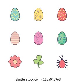 Feliz línea de Semana Santa y diseño de iconos de relleno, Decoración de primavera saludo de fiesta celebración de la temporada festiva tradición y tema del festival Ilustración vectorial
