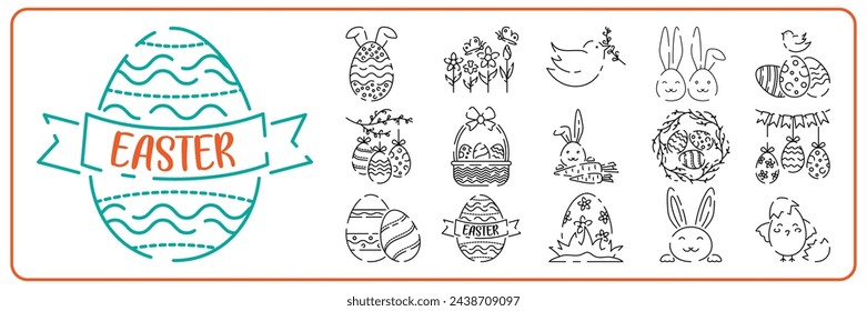 Happy Easter line icon set. Vector holiday sign egg, bird and bunny or flower spring