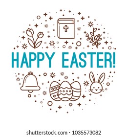 Happy easter line icons set circle shape vector illustration.  Greatings with easter