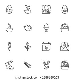Fijación de iconos de Happy Easter. símbolos de estilo lineal conjunto de símbolos de esquema de colección. gráficos vectoriales. Set incluye iconos como decoración de huevos, día calendario, conejo, cesta de huevos de Pascua, tarjeta de invitación, pollo
