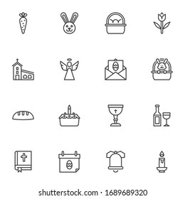 Happy Easter line icons set. linear style symbols collection, outline signs pack. vector graphics. Set includes icons as bunny, basket with Easter eggs, church, cake, holy bible book, angel, flowers