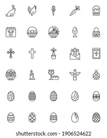Happy Easter line icons set. linear style symbols collection, outline signs pack. vector graphics. Set includes icons as Easter egg, holy angel, egg basket, bunny, chicken, bible book, religious cross