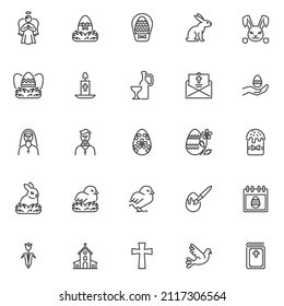 Happy Easter line icons set. linear style symbols collection, outline signs pack. Easter holiday vector graphics. Set includes icons as nest with eggs, holy angel, bunny, chick, calendar day, church