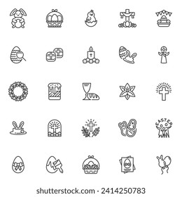 Fijación de iconos de la línea Feliz Pascua. colección de símbolos de estilo lineal, paquete de signos de contorno. Gráficos vectoriales de decoraciones de vacaciones de Semana Santa. Set incluye iconos como conejo con huevos pintados, polluelo, canasta, Jesucristo