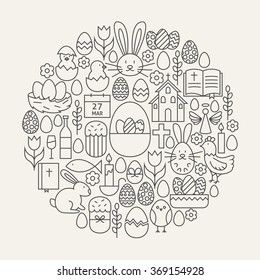 Happy Easter Line Icons Set Circle Shape. Vector Illustration of Spring Holiday Modern Objects.