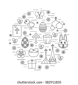 Happy Easter Line Icons Set Circle Shape. Vector Illustration of Spring Holiday Modern Objects.