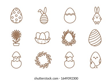 Happy easter line style icon set design, Spring decoration holiday greeting ornament celebration festive season tradition and festival theme Vector illustration
