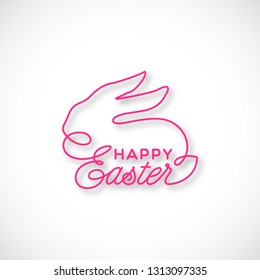 Happy Easter linear lettering with sitting bunny silhouette for greeting card, invitation, poster, banner template. Vector illustration.