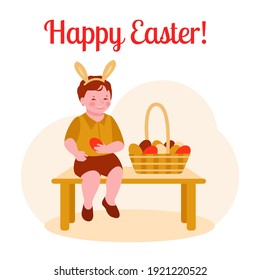 Happy easter. Little boy with a basket of Easter eggs are sitting on a bench. With rabbit ears. Egg hunt. Vector illustration in flat cartoon style.
