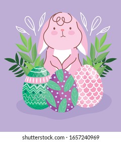 conejito de Pascua feliz con huevos decorativos pintar la naturaleza deja la ilustración vectorial