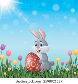 Happy Easter with a little bunny and flowers in the grass background