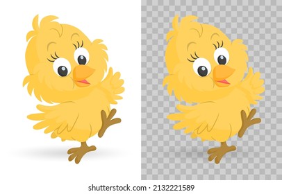 Happy Easter!
Little cartoon chick. Funny yellow chicken baby, Easter chick. Elements for Easter design and print. Vector illustration on transparent background. PNG.