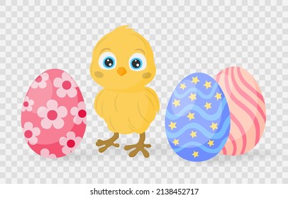 Happy Easter! Little cartoon chick. Funny yellow chicken baby, Easter chick. Elements for Easter design and print. Vector illustration on transparent background. PNG.