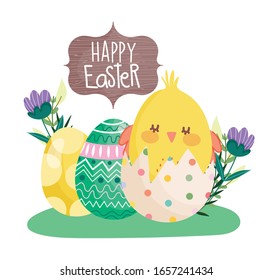 alegre Pascua pollo con huevos de concha flores pancarta decorativa ilustración vectorial