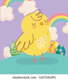 Frohe Osterkleine Hühnchenregenbows Eier Wolken Dekoration Vektorillustration Illustration