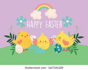 happy easter little chickens eggs flowers in grass rainbow vector illustration