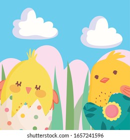 happy easter little chickens in eggshells foliage nature decoration vector illustration