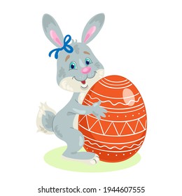 Happy Easter! Little funny bunny with  a big red painted egg.  In cartoon style. Isolated on white background. Vector illustration.