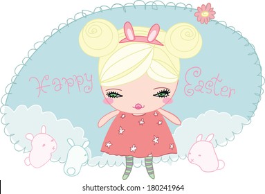 Happy Easter little girl with bunny
