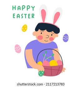 Frohe Ostern! Kleines Kind mit Osterkorb. Junge, die Kaninchenohren trug. Illustration auf weißem Hintergrund