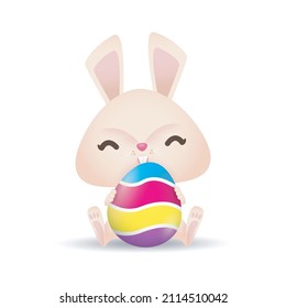 Happy Easter Little Rabbit Bunny with a painted egg, banner template isolated on white Background vector illustration