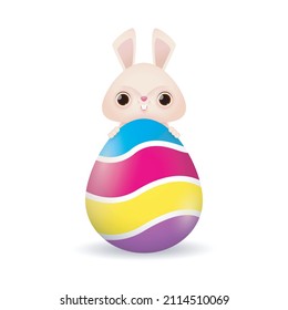 Happy Easter Little Rabbit Bunny with a painted egg, banner template isolated on white Background vector illustration