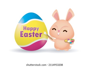Happy Easter Little Rabbit Bunny with a painted egg, banner template isolated on white Background vector illustration